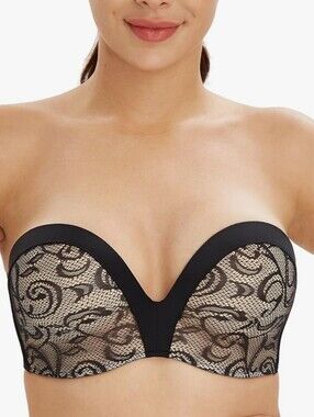 Lemorosy Black Lace Overlay Wireless Strapless Non Slip Push Up Bra, 32C
